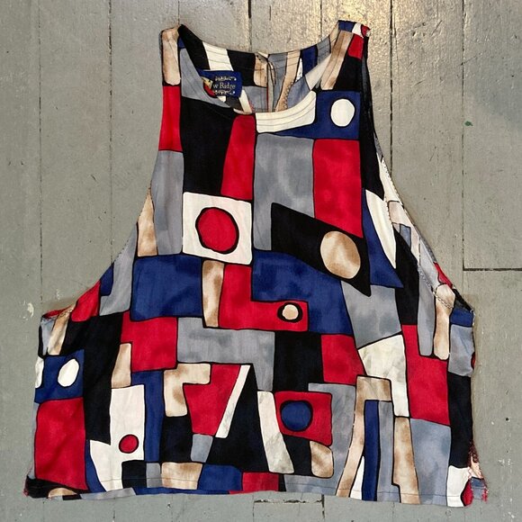 Vtg 90s Abstract Geometric Graphic Psychedelic Muscle Crop Top Tank Jams World - Picture 1 of 3